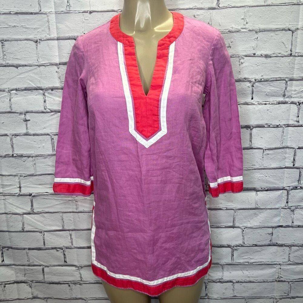 Boden Womens Pink Red Linen Long Sleeve Tunic Shirt Dress Size 2